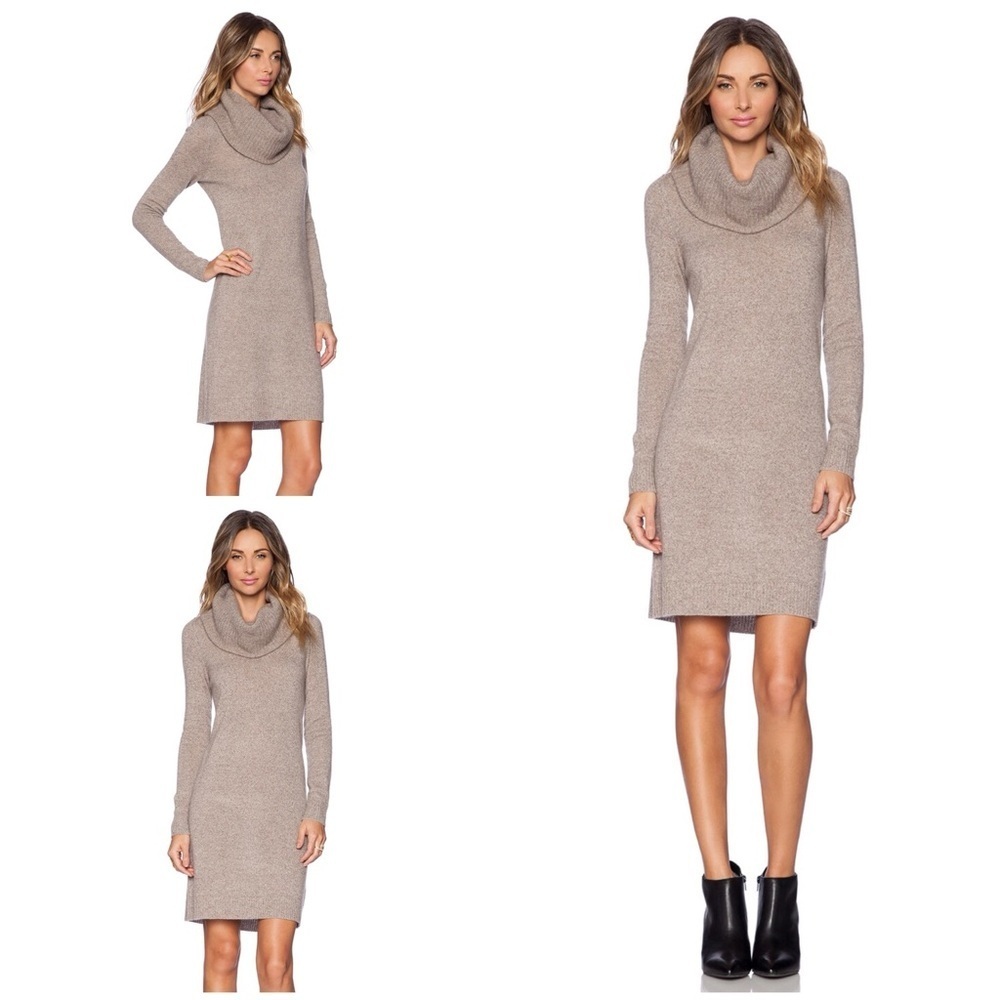 EUC White + Warren Revolve Oatmeal Brown 100% Cashmere Shaker Neck Sweater Dress